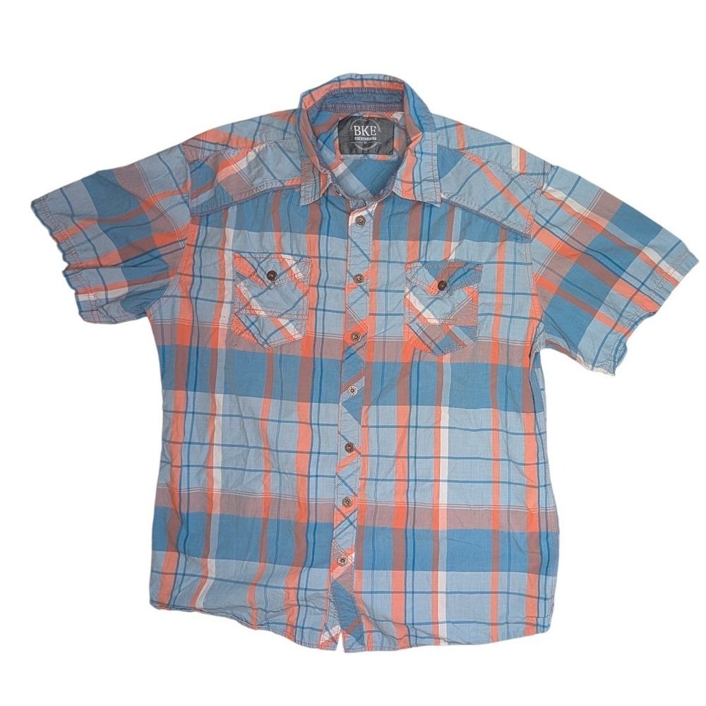 BKE Athletic Fit Mens XL Short Sleeve Plaid Button Up Shirt Blue Orange 11367NM - Picture 2 of 7